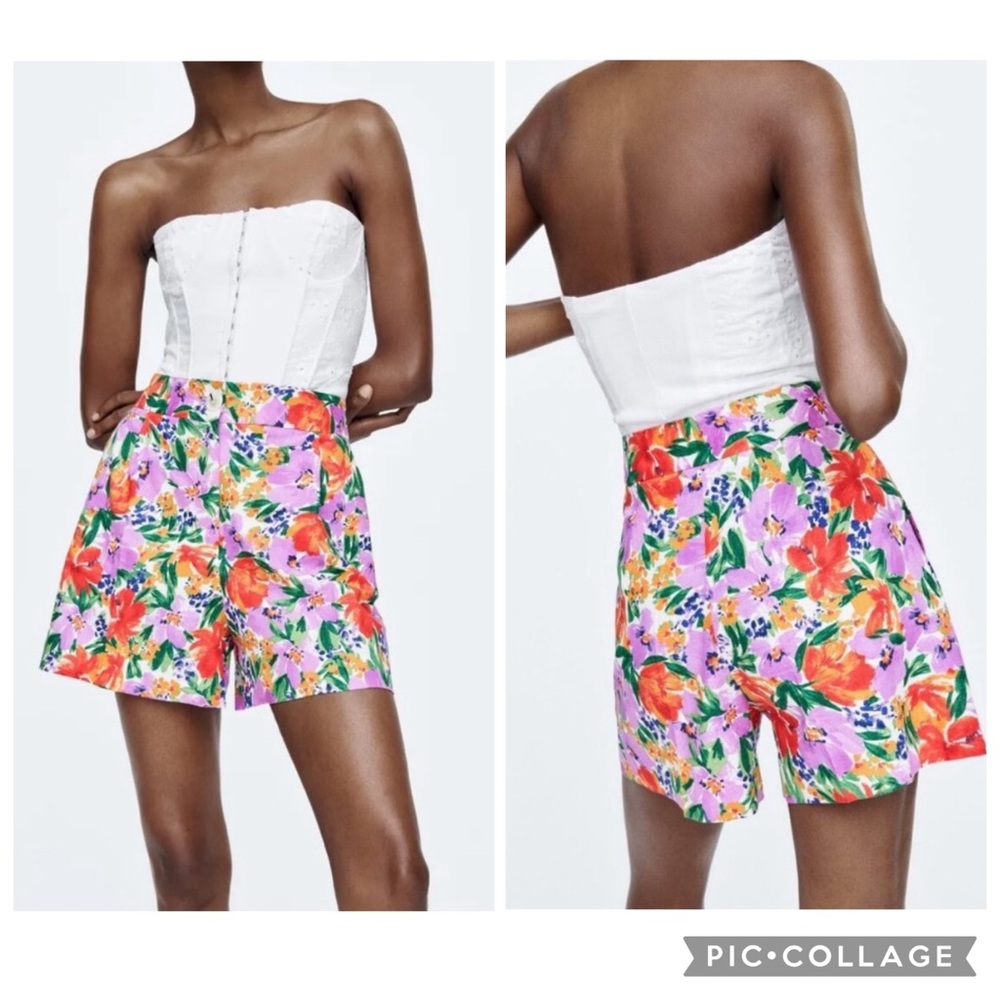 NWT ZARA / Floral Linen Blend Highrise Shorts Size M